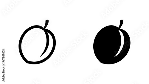 Minimalist plum fruit vector icons, black and white plum silhouette set, simple organic fruit line art for food packaging and logo design