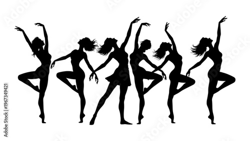 Graceful ballet dancer silhouettes in motion, elegant female dancers performing expressive poses, black vector silhouettes of dancing women
