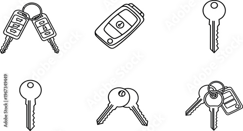 Car Key Outline Icon Set with Vehicle Keys and Remote Fob Line Art Collection Automotive Security Symbols for Lock Unlock Access Vector Design.