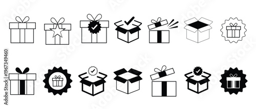Set of 14 Gift box icons. different type gift boxes designs.  Present gift box tied, open, birthday, valentine, wedding event, party, celebration, and achievement. Vector Illustration.