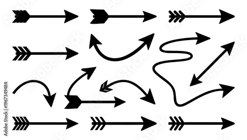 Black arrow vector set with 13 elements, decorative hand drawn arrow icons, curved and straight pointer collection for navigation and infographics