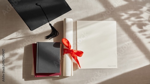 Graduation Items Include a Cap, Diploma, and Notebooks on a Table in Bright L...