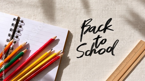 Colorful Pencils and Notebook on Table With Back to School Lettering During S...