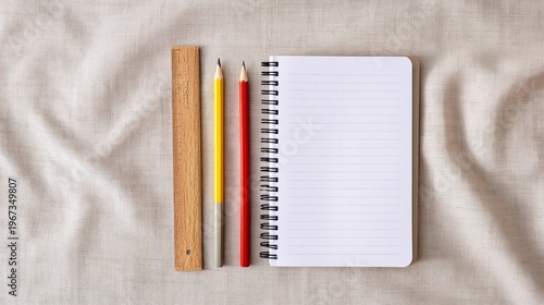 Blank Notebook With Colorful Pencils and a Ruler on a Light Background