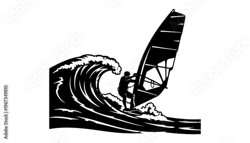 Wind surf silhouette riding ocean wave with sailboard vector illustration