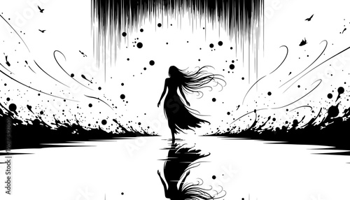 A woman silhouette illustration with flowing hair and dress in black and white