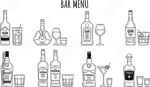 Hand drawn vintage bar menu vector icons set featuring bottles of whiskey vodka gin rum tequila and cognac with glasses
