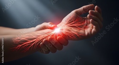Glowing red nerve pain and inflammation in the wrist and forearm. Carpal tunnel syndrome and repetitive strain injury. Person holding pained wrist with highlighted glowing neural fibers