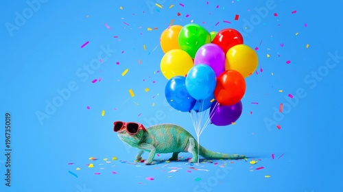 Lizard Holds Colorful Balloons and Wears Sunglasses in a Festive Setting