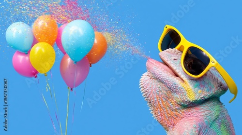 Lizard Holds Colorful Balloons and Wears Sunglasses in a Festive Setting