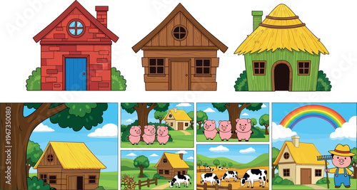 Cartoon Farm Village Scene Illustration Set with Houses Barn Animals Farmer and Countryside Landscape Colorful Rural Collection for Kids Education Vector Design.