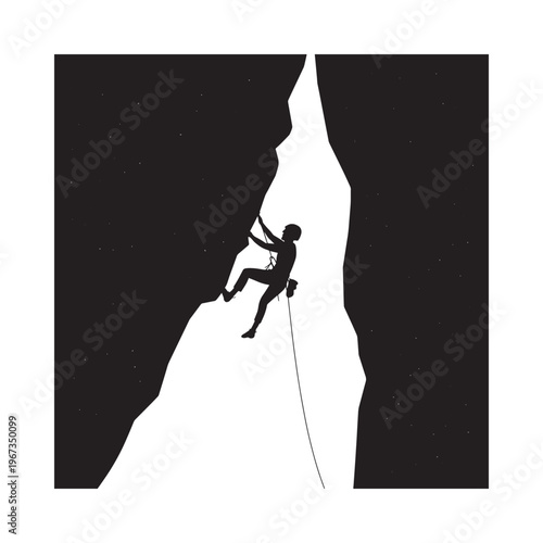 A solitary rock climber ascends a narrow shadowed canyon crevice
