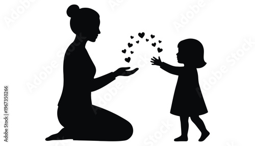 Mother silhouette sharing love with little girl in heart illustration