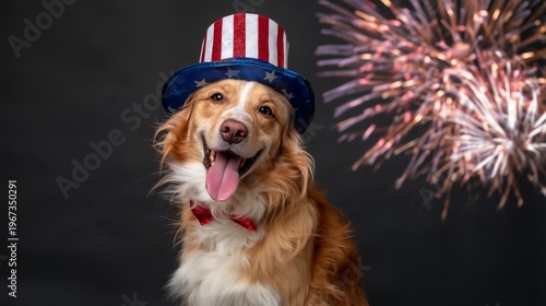Dog Wearing Hat Stands in Front of American Flag During Festive Event in Summer