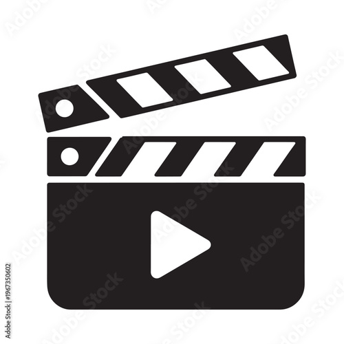 A black and white icon depicting a classic film clapperboard with a play button