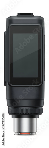 Black camera viewfinder with silver lens and screen