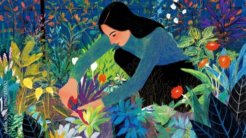 Woman Gardening Among Colorful Plants in a Vibrant Setting During Daytime