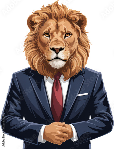 A stylish lion dressed in a business suit and red tie standing confidently isolated on transparent background