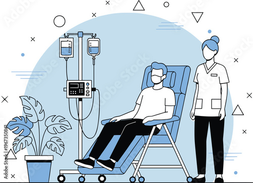 Medical vector illustration of a patient receiving intravenous infusion treatment in a clinic with a nurse providing professional care