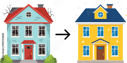 House renovation vector illustration showing the transformation from an old broken building to a new modern repaired home