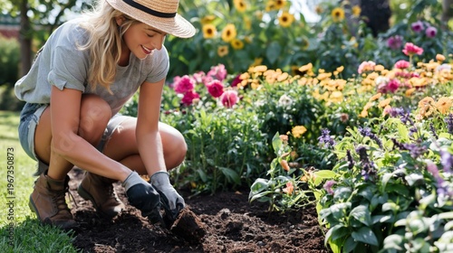 Woman Plants Flowers in Garden During Sunny Day Surrounded by Blooming Plants...