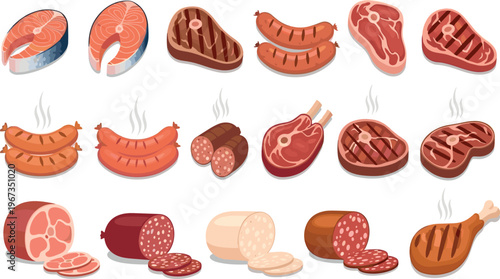 Cooked Meat and Sausage Illustration Set with Steak Salmon Grilled Sausages Ham and Processed Food Collection for Menu Design Cooking and Culinary Vector Graphics.