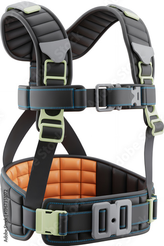 Black climbing harness with orange padding and green buckles