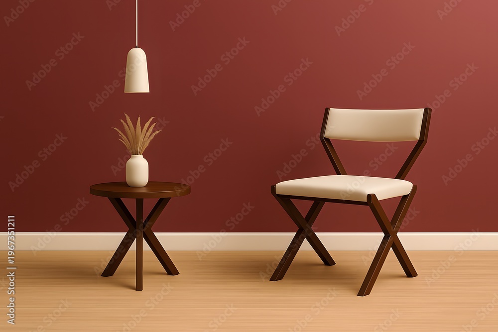 Fototapeta premium Minimalist living room interior featuring elegant brown side table wooden chair and stylish hanging lamp.