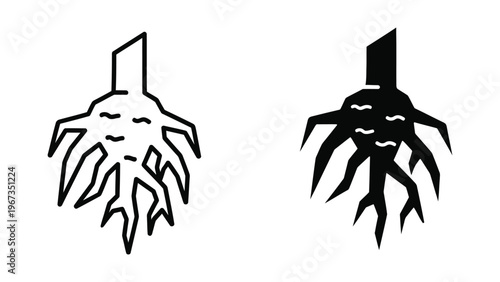 Contrasting depictions of a human figure with roots and a vertical line extending upward