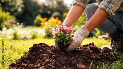 Gardener Plants Young Vegetable Near Colorful Flowers in Bright Outdoor Garden
