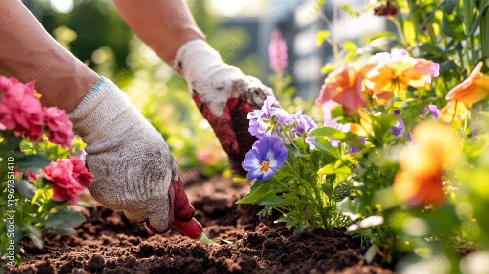 Fototapeta premium Hands Work in a Garden With Colorful Flowers and Fresh Soil on a Sunny Day