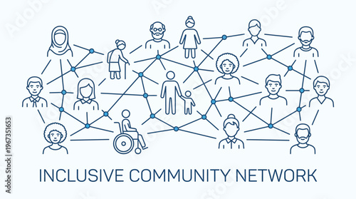 Inclusive Community Network Diagram Featuring Diverse People Icons Connected on Isolated White Background