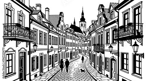 Charming black and white illustration of a narrow European old town street with traditional buildings and people walking.