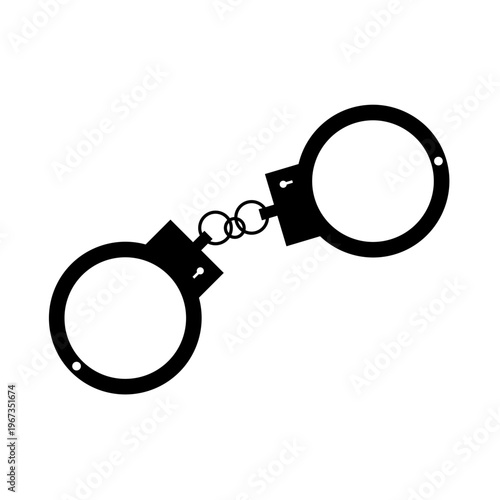 Simple black silhouette of handcuffs connected by a chain, isolated on a light background in a clean minimal style, vector illustration.