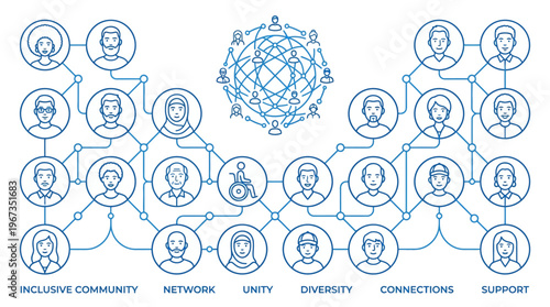 Inclusive Community Network with Diverse People Connected in a Global Web Diagram on Light Gray Background