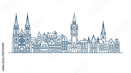Detailed Outline Drawing of Historic European Cityscape with Cathedral and Traditional Buildings on Light Gray Background