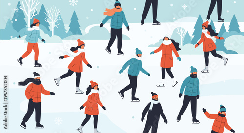 Seamless pattern of people ice skating in a winter landscape with trees and snowflakes for seasonal background art.