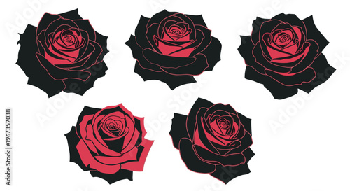 Group of five elegant black roses with vibrant red highlights and outlines for gothic or romantic artistic projects.