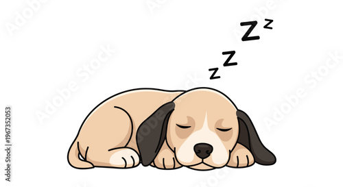 Adorable beagle puppy sleeping peacefully on the floor with zzz symbols for pet care and animal-themed illustrations.