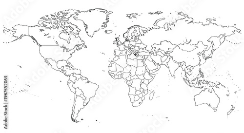 Simple black and white outline map of the world showing continents and countries for educational or travel graphics.