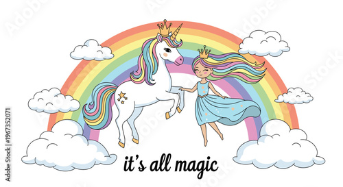 Magical scene with a girl and a unicorn standing under a rainbow with clouds for enchanting fairy tale-themed designs.