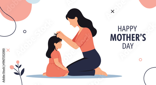Touching illustration of a mother braiding her daughter hair for Mothers Day celebration on a decorated background.