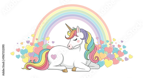 Majestic white unicorn with a colorful rainbow mane and tail resting peacefully in front of a large rainbow and many small hearts.