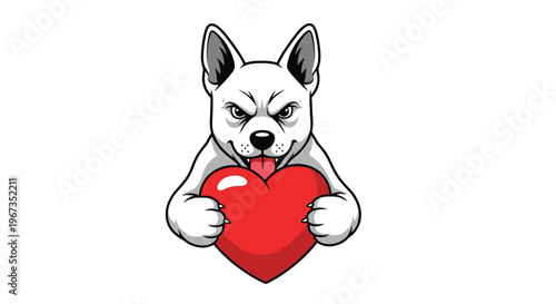 Fierce white dog character with an angry expression and sharp teeth holding a large red heart in its paws on a white background.