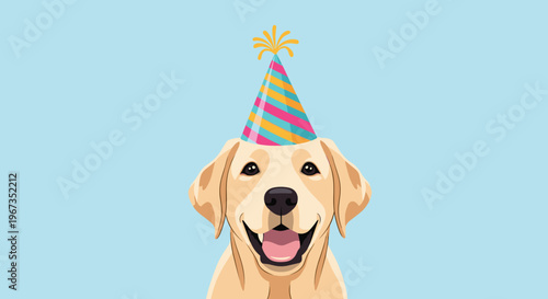 Cheerful golden retriever puppy wearing a colorful striped party hat with a gold tassel against a light blue background.