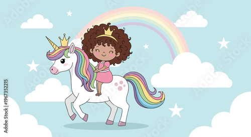 Cute little girl dressed as a princess with a crown riding on the back of a magical white unicorn in a sky with clouds and rainbow.