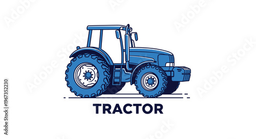 Side view of a modern blue tractor with large wheels and a cabin used for agricultural work on a farm against a white background.