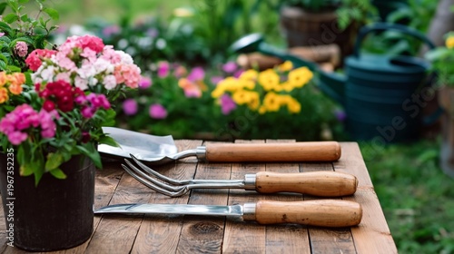 Tools and Plants on a Wooden Table in a Garden During Daytime