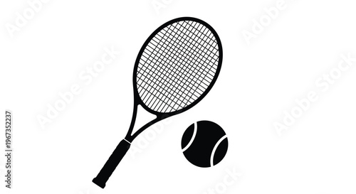 Black silhouette of a tennis racket and a tennis ball positioned next to it isolated on a plain white background for sports themes.