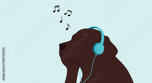 Peaceful brown dog with its eyes closed wearing blue headphones and listening to music with musical notes floating in the air.